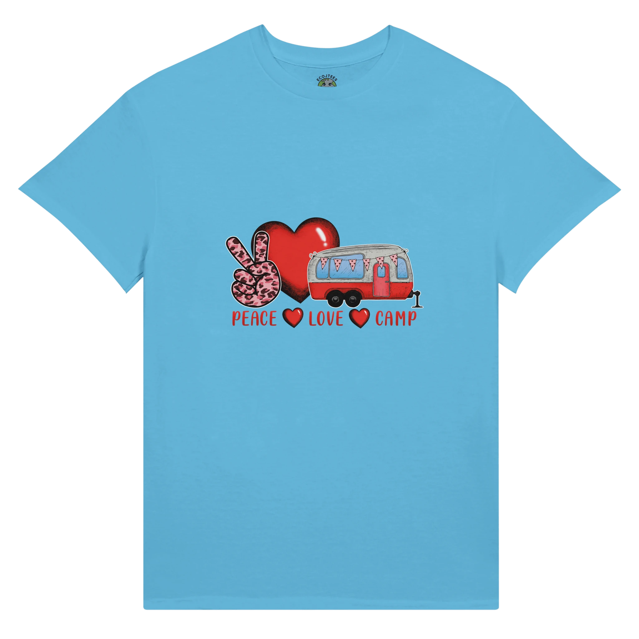Blue t-shirt with a graphic of a heart, peace sign, and camper van from the Love Collection on a white background
