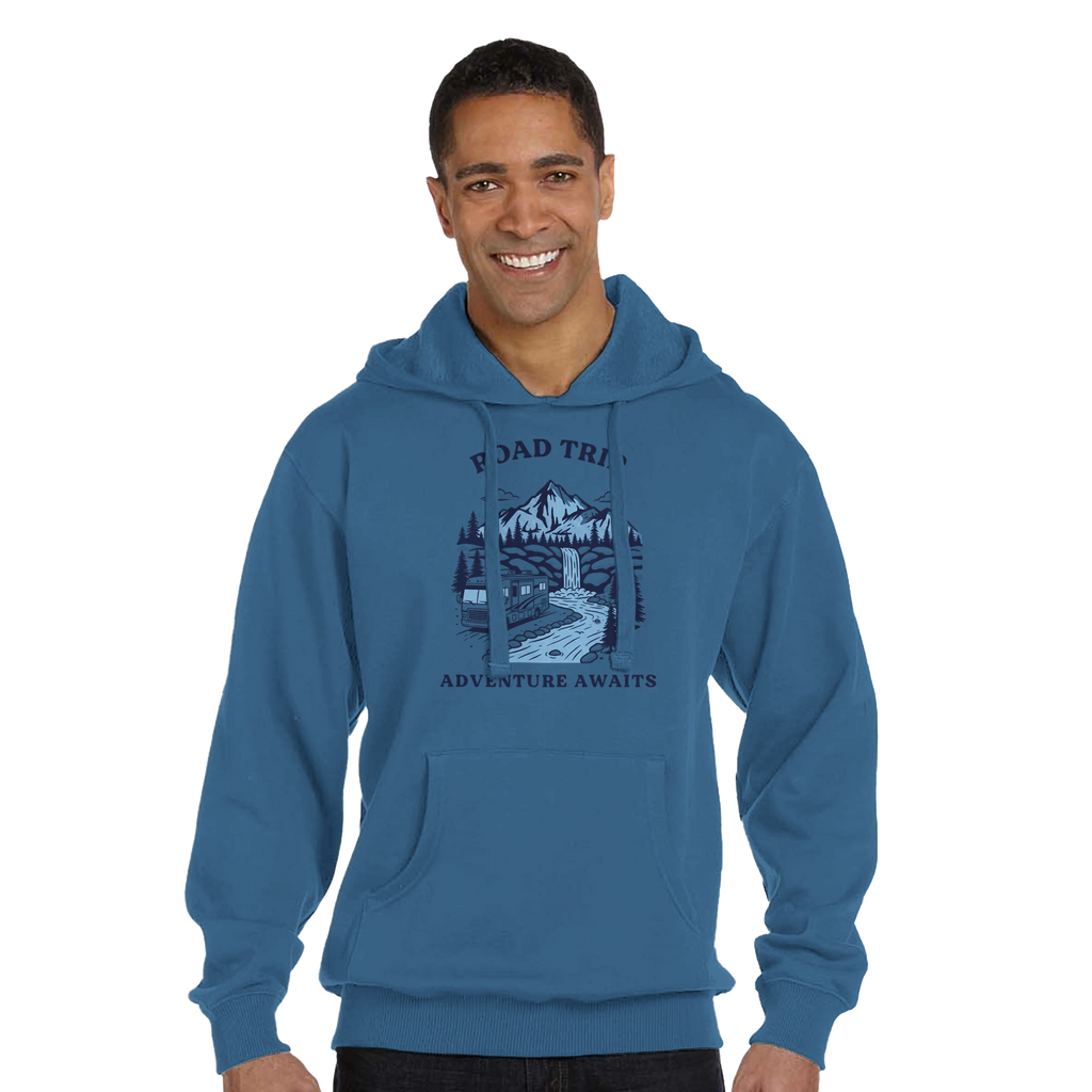 Man wearing a blue hoodie with a Road Trip Adventure graphic design on a white background