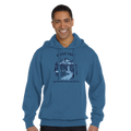 Man wearing a blue hoodie with a Road Trip Adventure graphic design on a white background