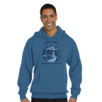 Man wearing a blue hoodie with a Road Trip Adventure graphic design on a white background