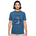 Man wearing a blue t-shirt with 'Road Trip Adventure Awaits' design on a white background