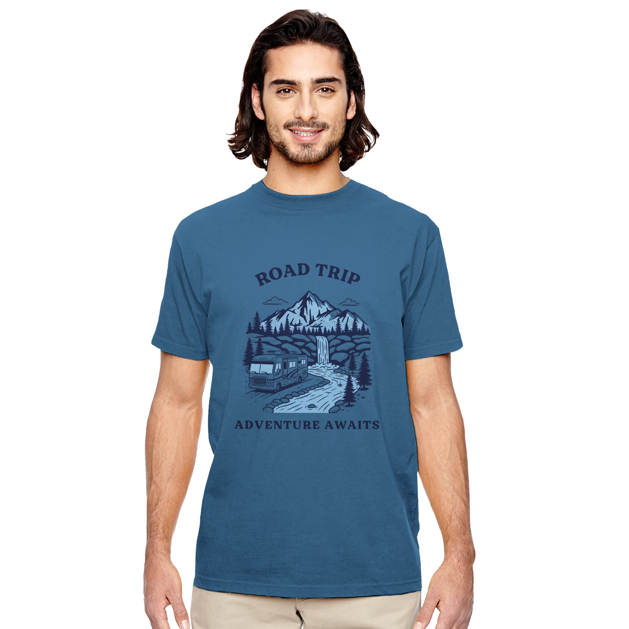 Man wearing a blue t-shirt with 'Road Trip Adventure Awaits' design on a white background