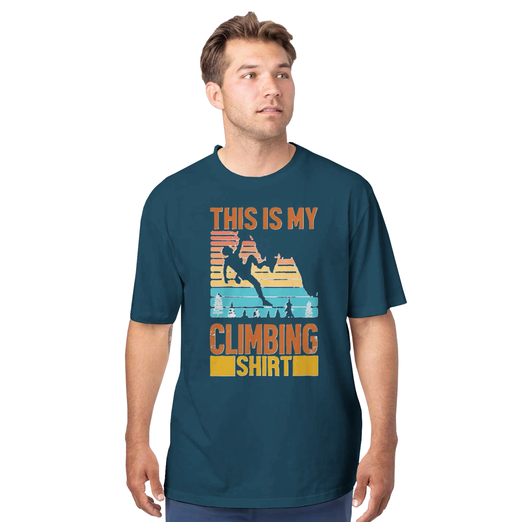 Man wearing a blue t-shirt with a climbing graphic and text on a white background