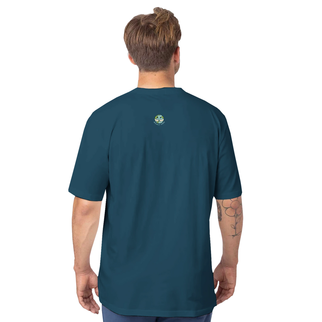 Man wearing a teal t-shirt with a logo on the back against a white background