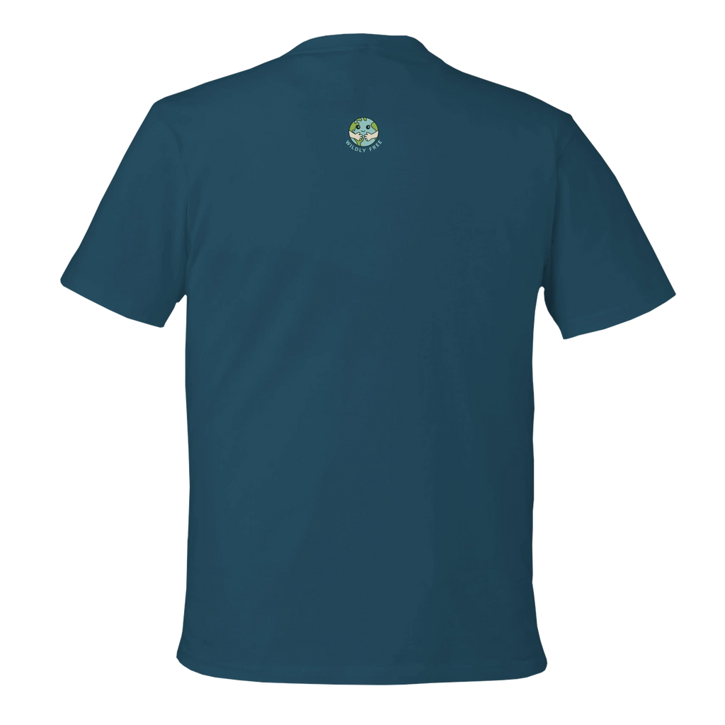 Blue t-shirt with a logo on the back against a white background