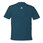 Blue t-shirt with a logo on the back against a white background