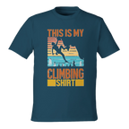 Blue t-shirt with climbing graphic and text on a white background