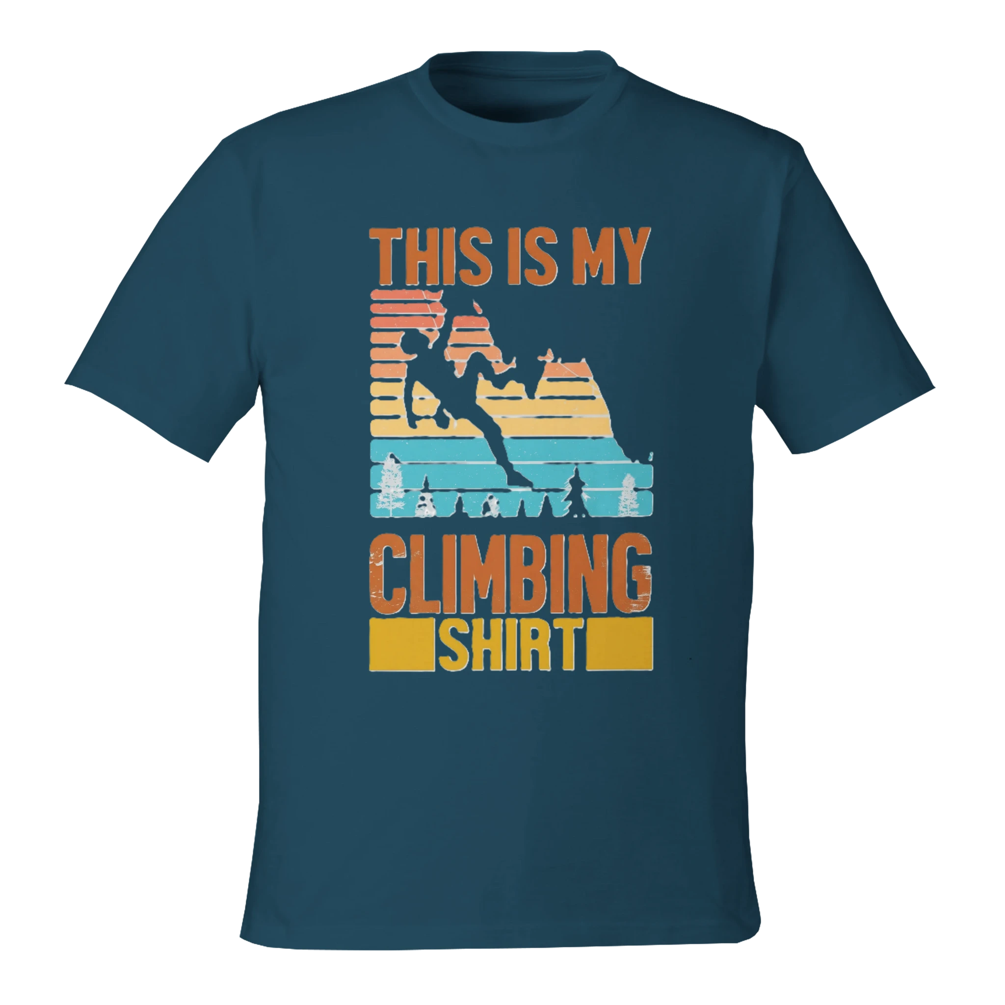 Blue t-shirt with climbing graphic and text on a white background