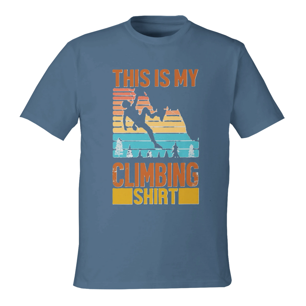Blue t-shirt with climbing graphic and text on a white background