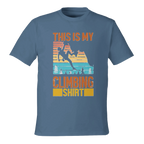 Blue t-shirt with climbing graphic and text on a white background