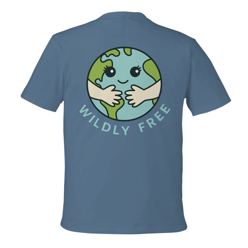 Blue t-shirt with a graphic of a smiling Earth and 'WILDLY FREE' text on the back.