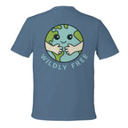 Blue t-shirt with a graphic of a smiling Earth and 'WILDLY FREE' text on the back.