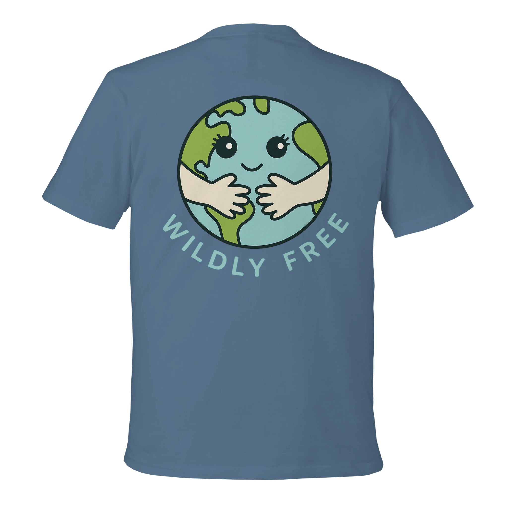 Blue t-shirt with a graphic of a smiling Earth and 'WILDLY FREE' text on the back.