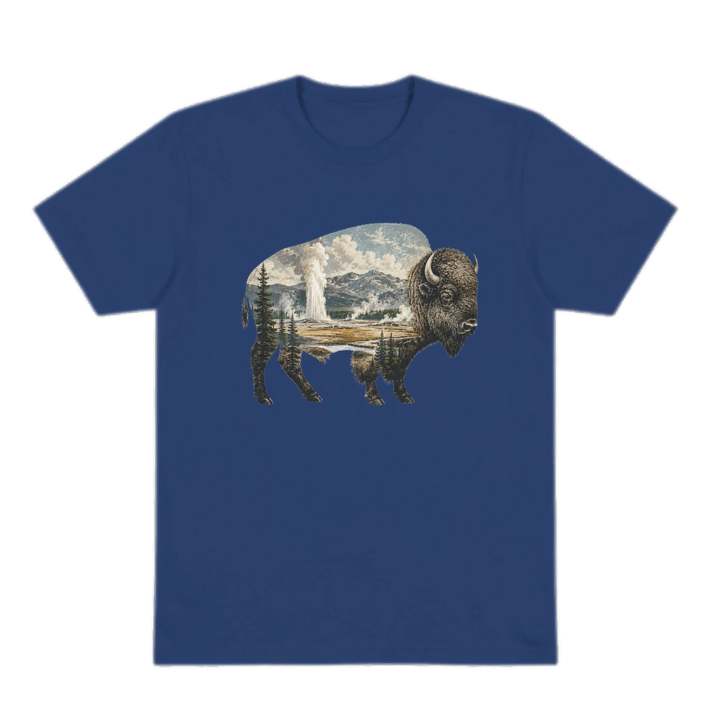 Blue T-Shirt bison graphic with Yellowstone geysers 