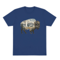 Blue T-Shirt bison graphic with Yellowstone geysers 