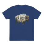 Blue T-Shirt bison graphic with Yellowstone geysers 