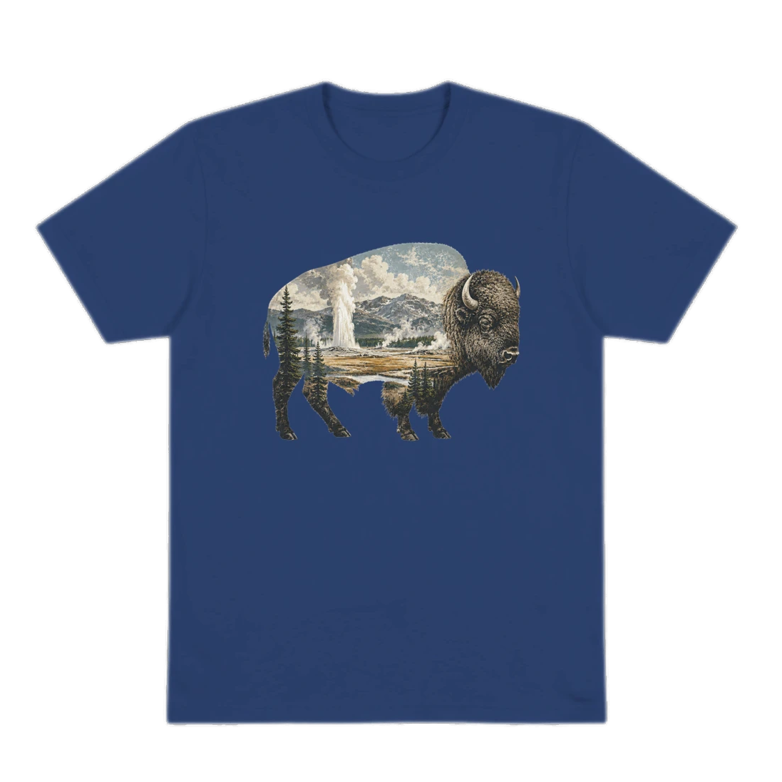 Blue T-Shirt bison graphic with Yellowstone geysers 
