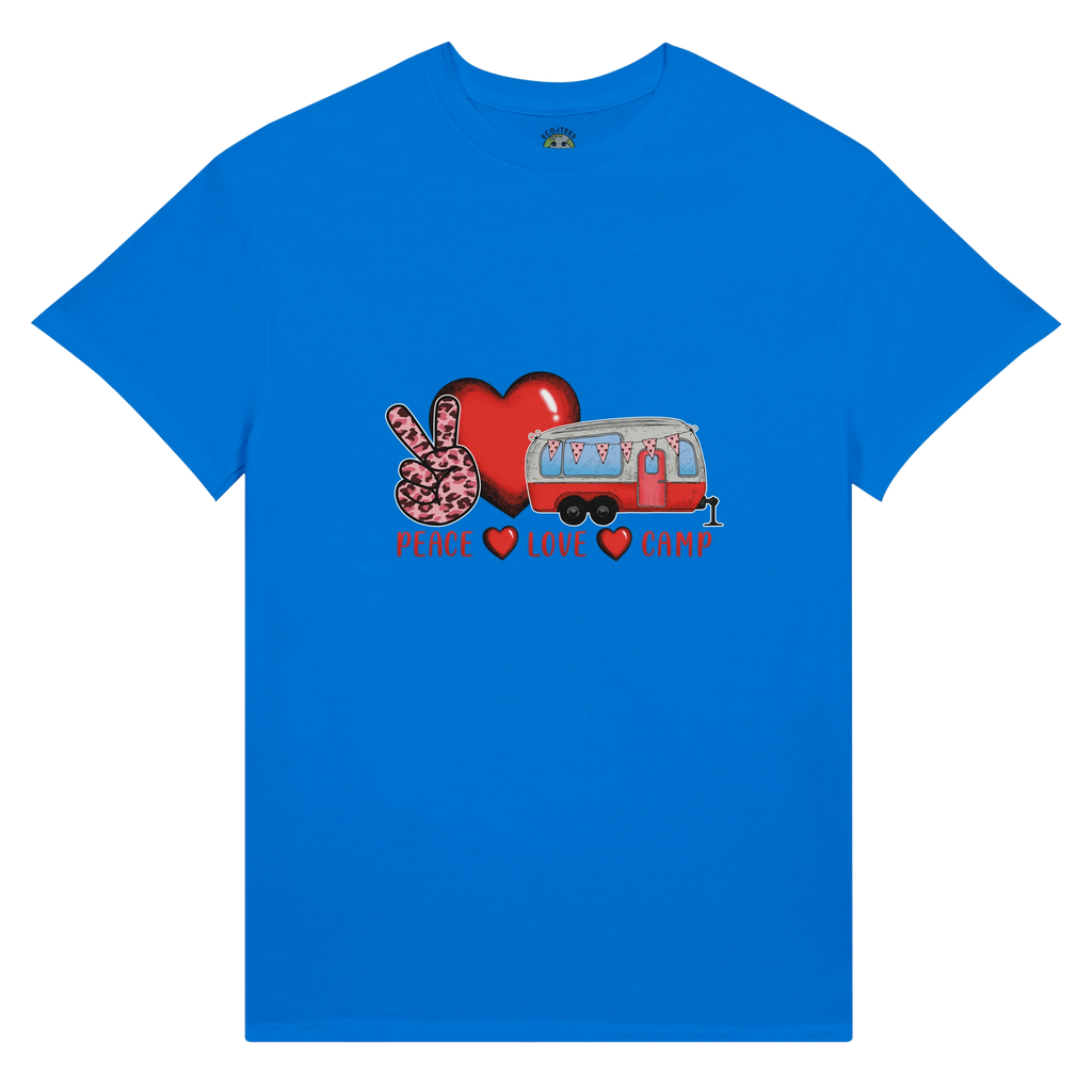Blue t-shirt with a graphic design of a heart, peace sign, and camper from the Love Collection on a white background