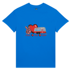Blue t-shirt with a graphic design of a heart, peace sign, and camper from the Love Collection on a white background