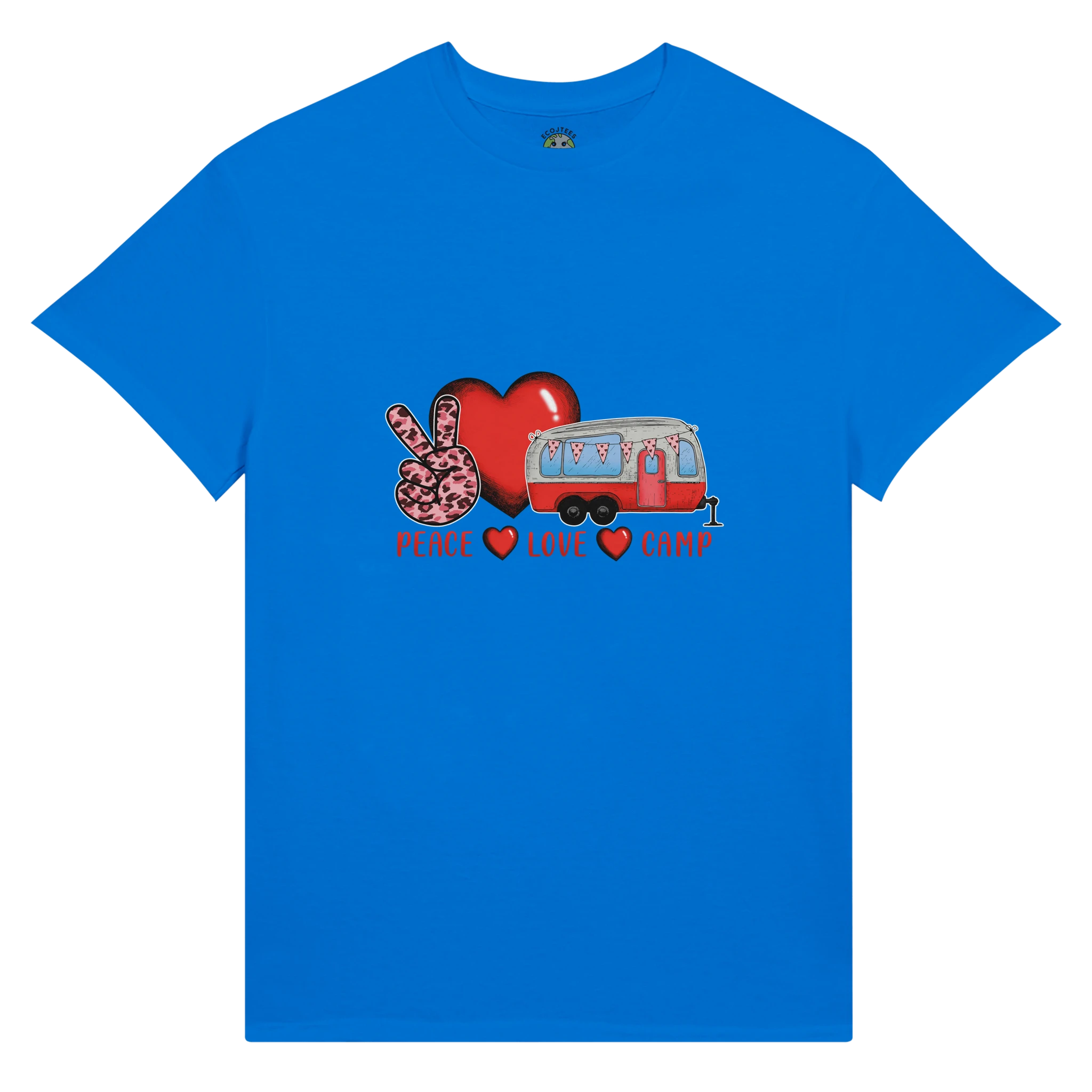 Blue t-shirt with a graphic design of a heart, peace sign, and camper from the Love Collection on a white background