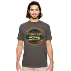 Man wearing a brown t-shirt with a camping graphic and text on a white background