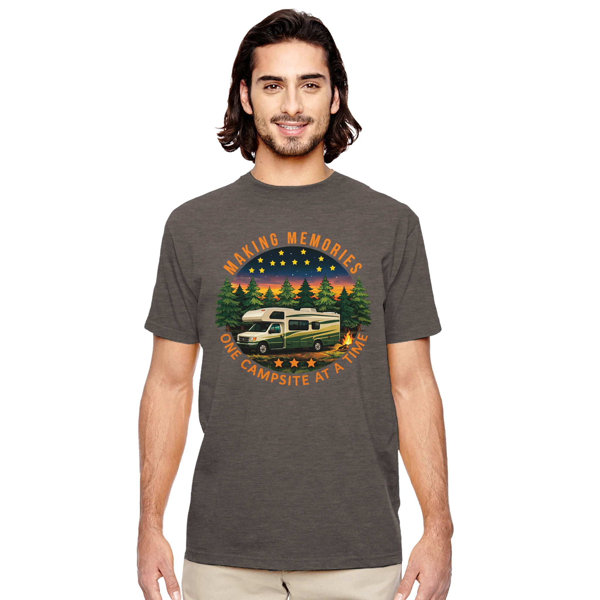 Man wearing a brown t-shirt with a camping graphic and text on a white background