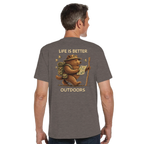 Man wearing a Brown t-shirt with a bear graphic and text on the back, on a white background