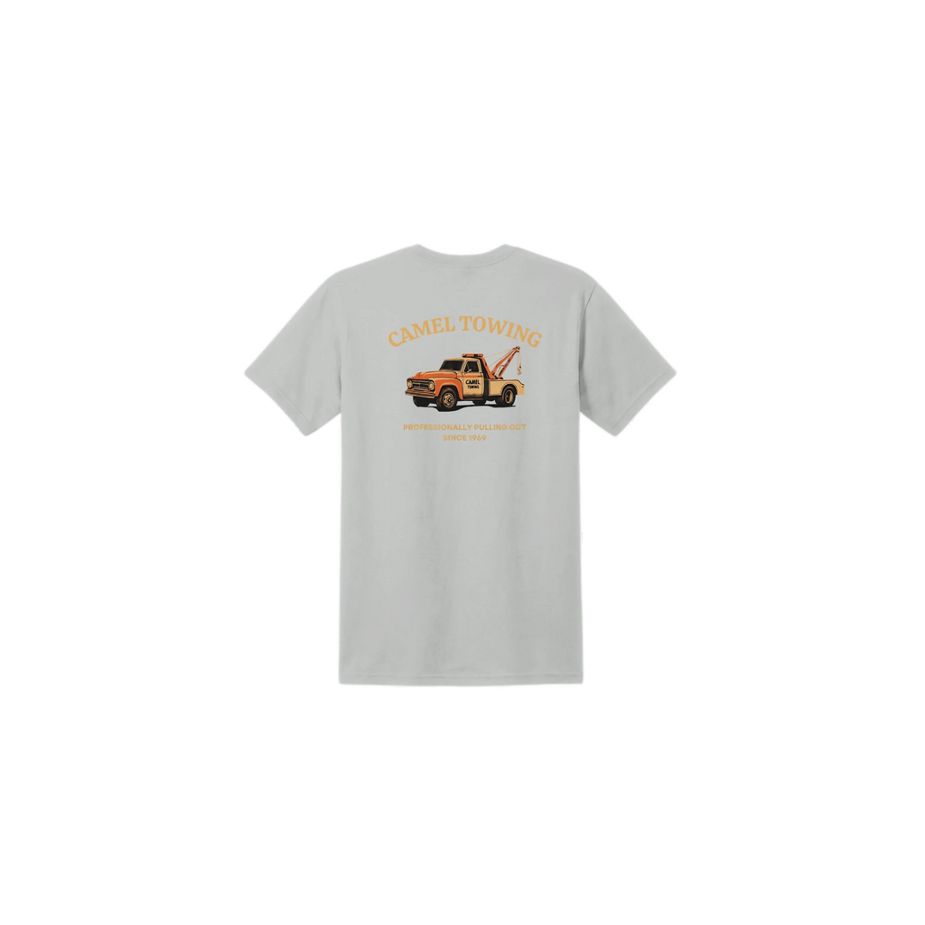 Ash t-shirt with a graphic of a tow truck and text on the back, on a white background