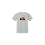 Ash t-shirt with a graphic of a tow truck and text on the back, on a white background