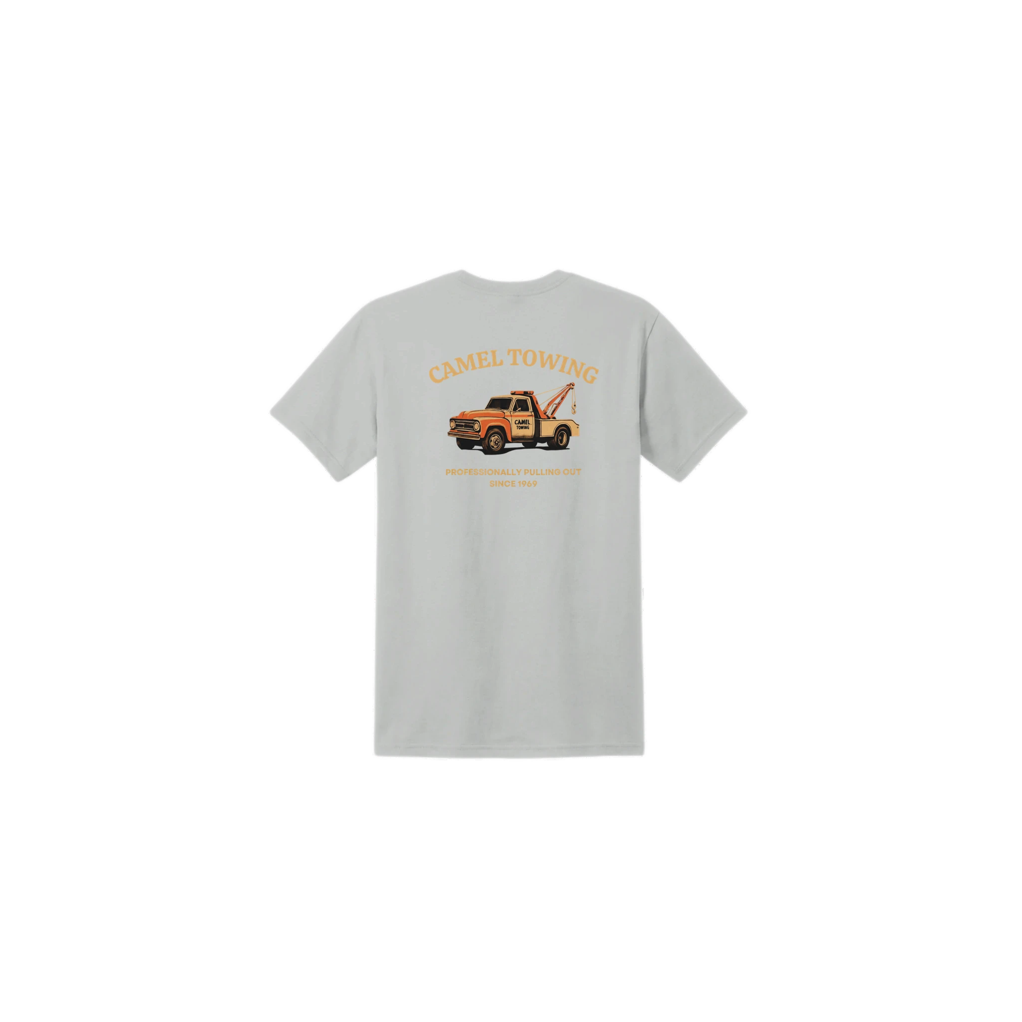 Ash t-shirt with a graphic of a tow truck and text on the back, on a white background
