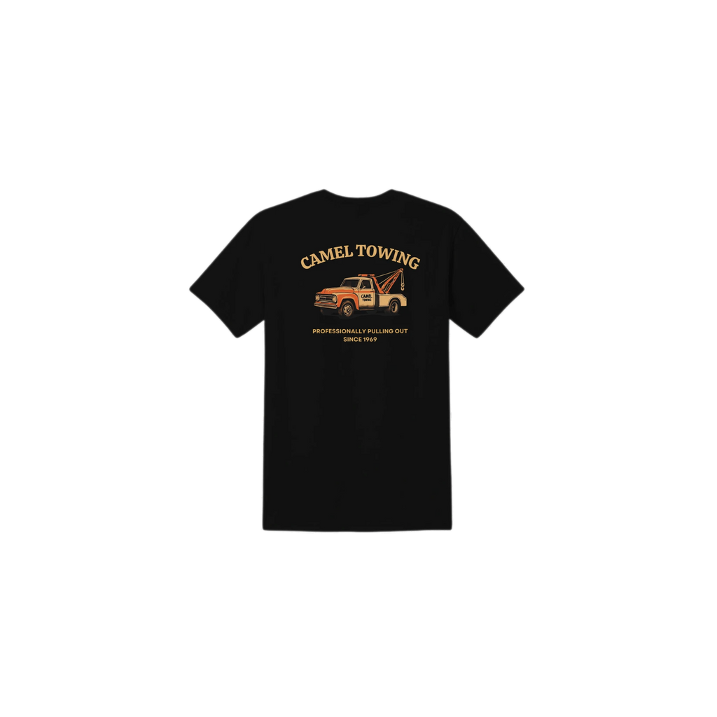 Black t-shirt with 'Camel Towing' graphic on a white background
