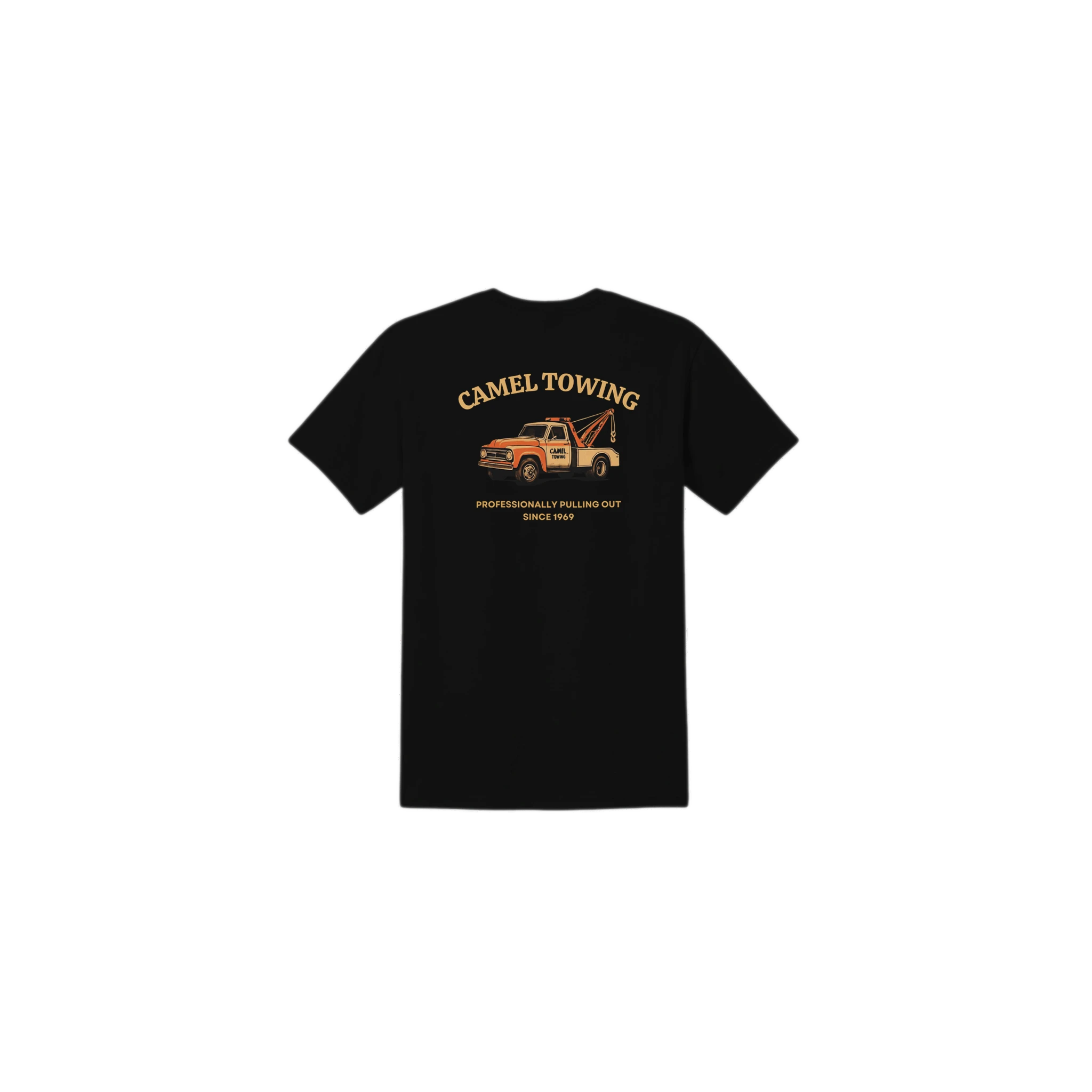 Black t-shirt with 'Camel Towing' graphic on a white background
