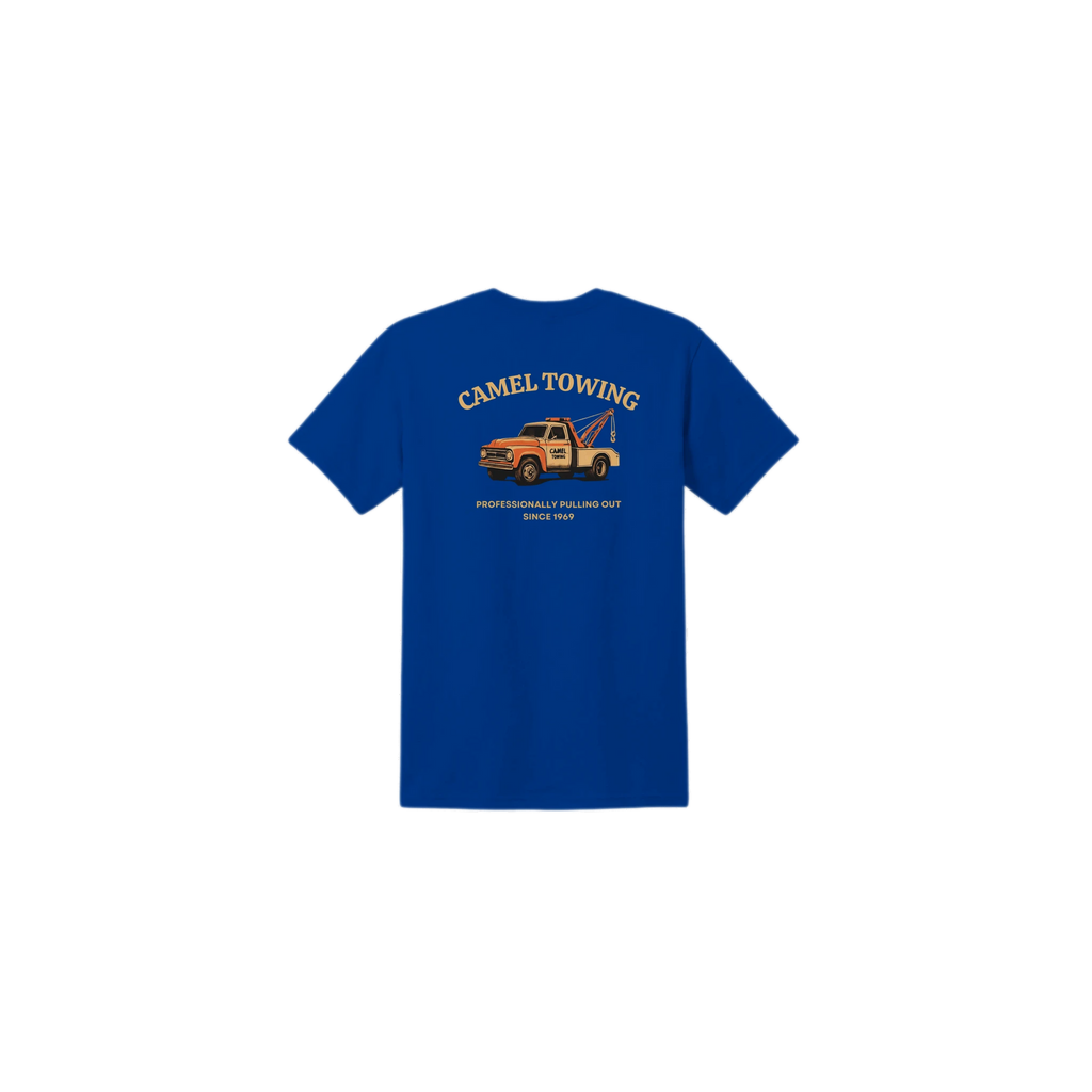 Blue t-shirt with Camel Towing graphic on back