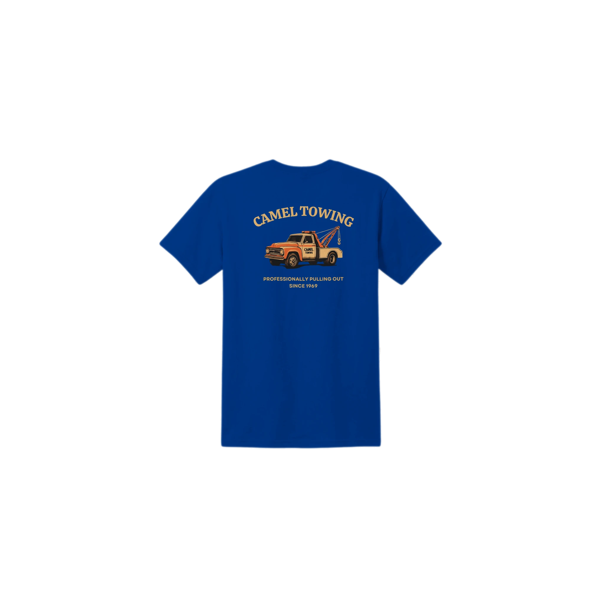Blue t-shirt with Camel Towing graphic on back
