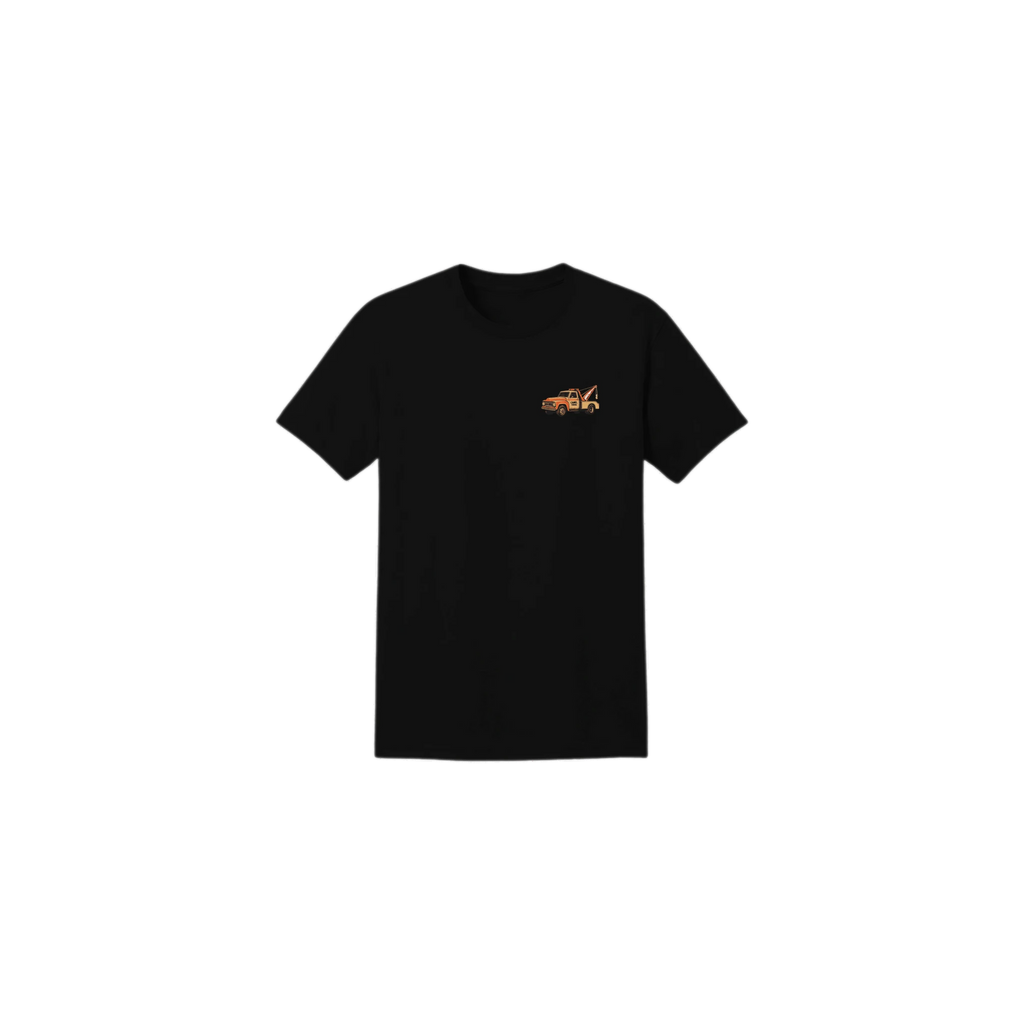 Black t-shirt with a small logo on a white background