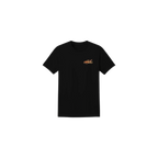 Black t-shirt with a small logo on a white background