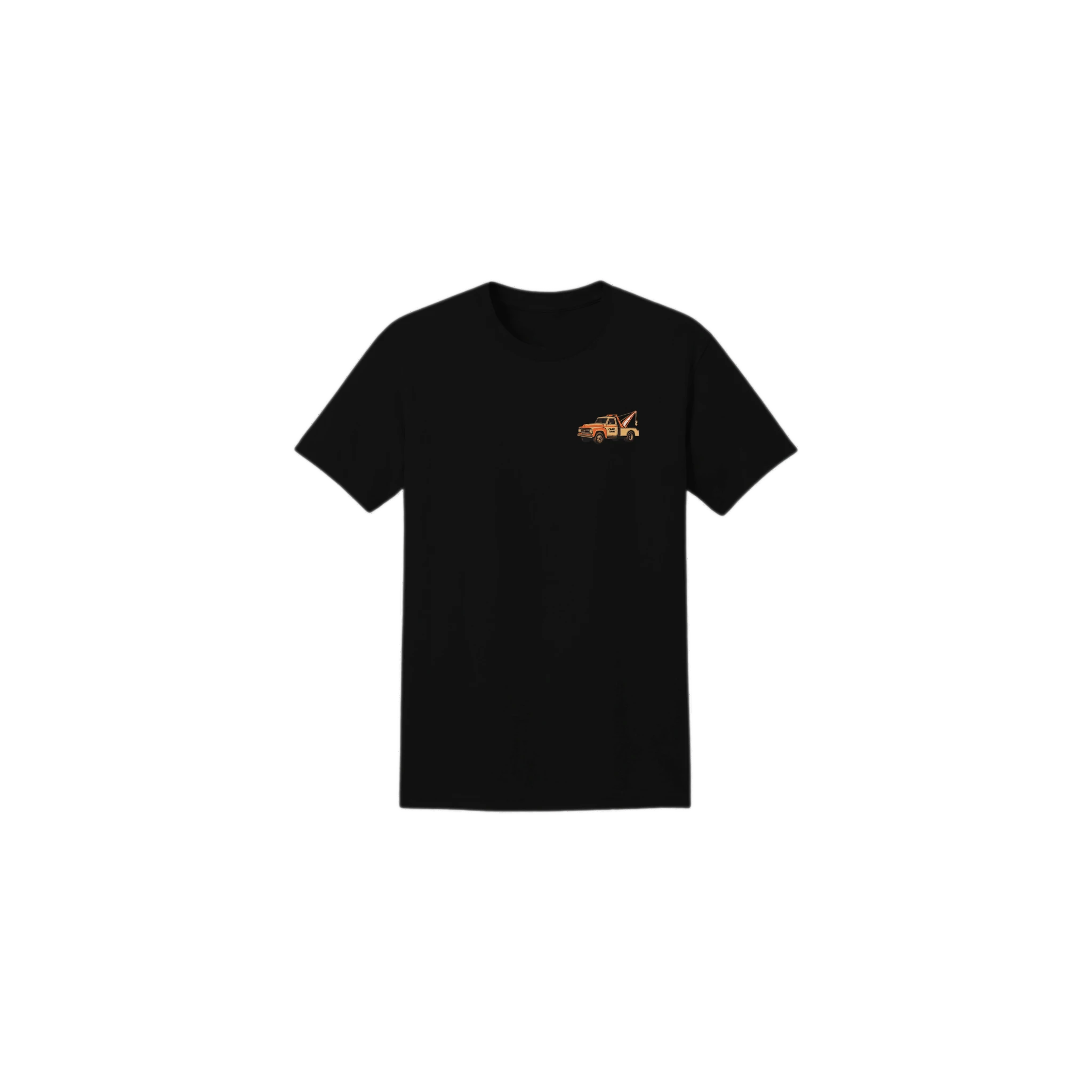 Black t-shirt with a small logo on a white background