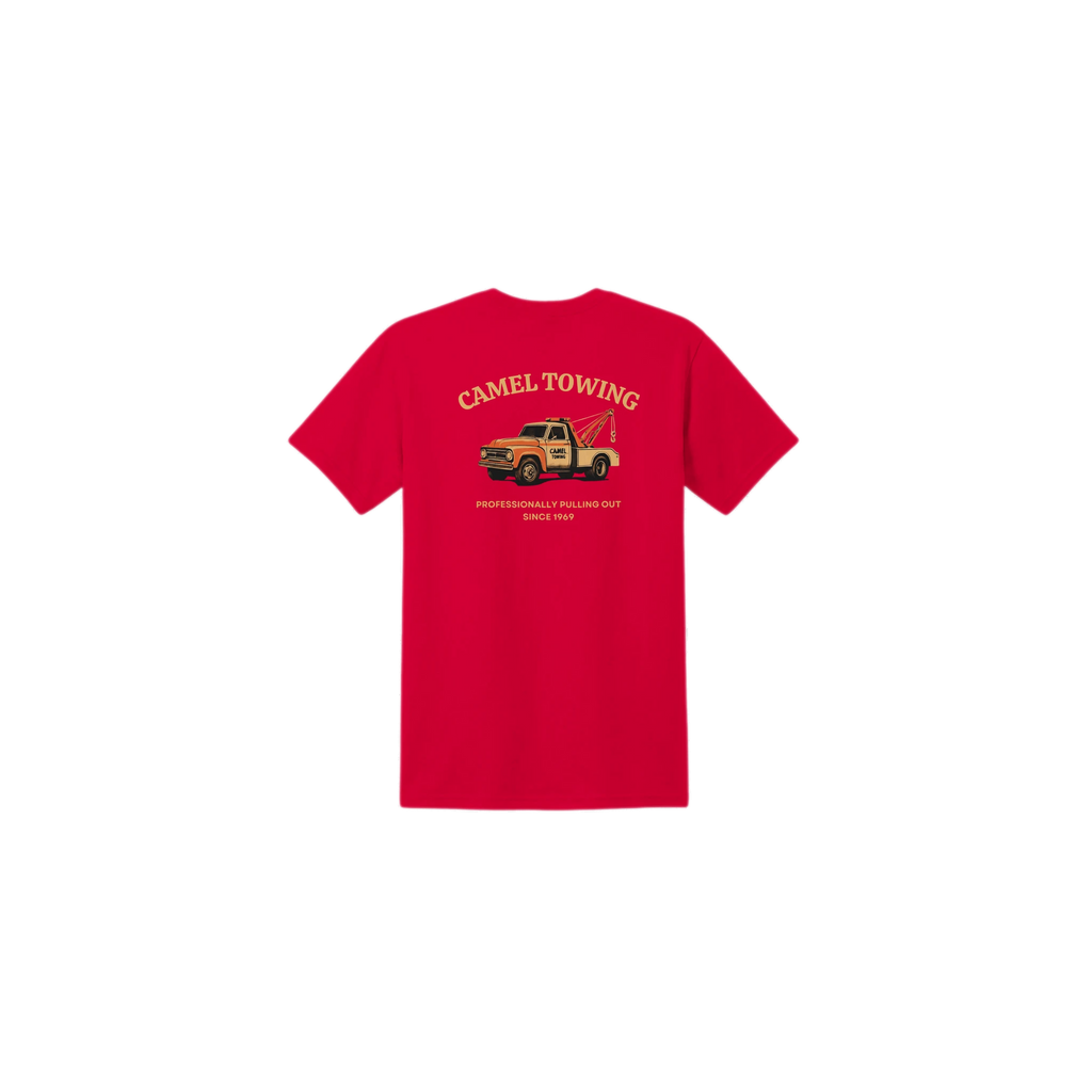 Red t-shirt with 'Camel Towing' graphic on the back against a white background
