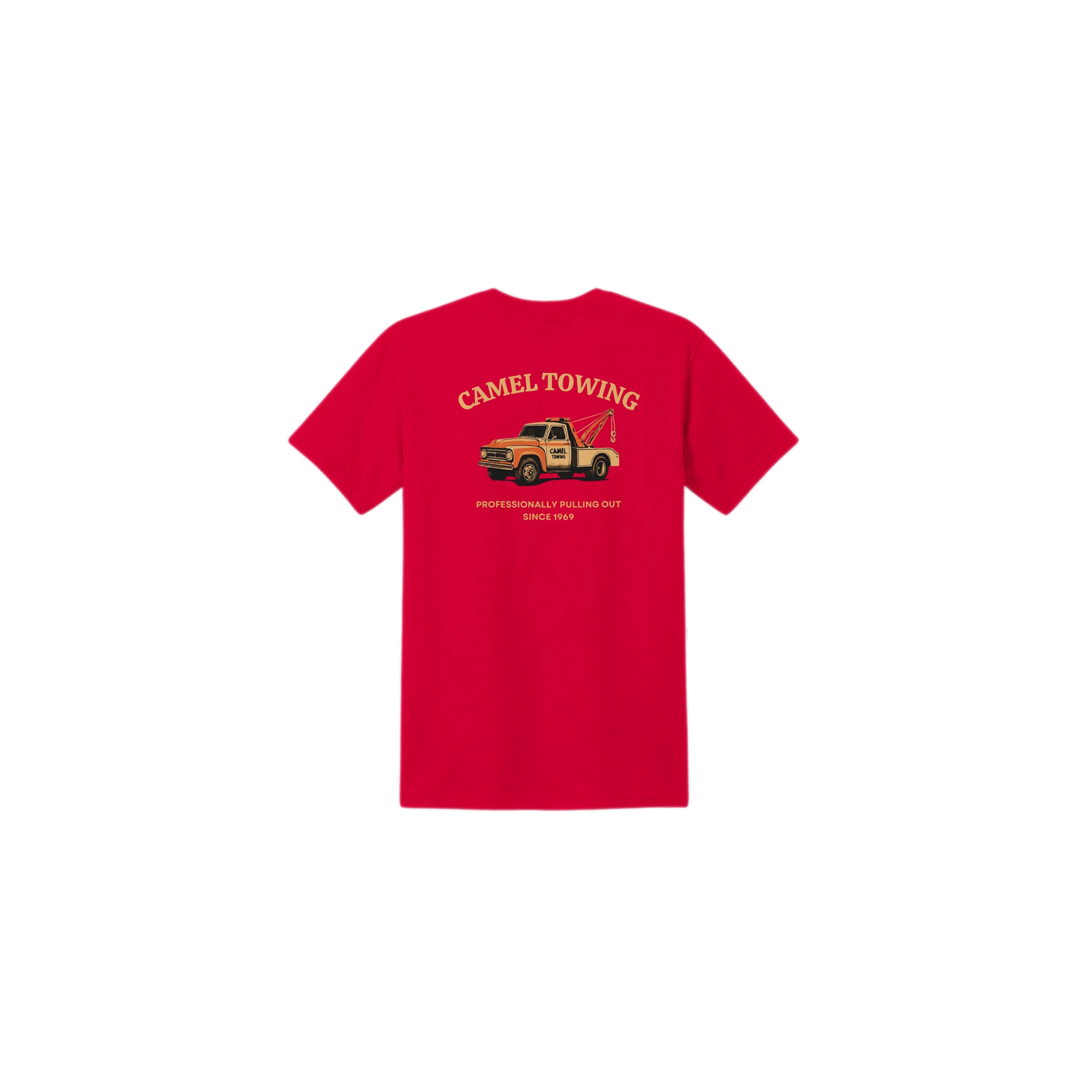 Red t-shirt with 'Camel Towing' graphic on the back against a white background