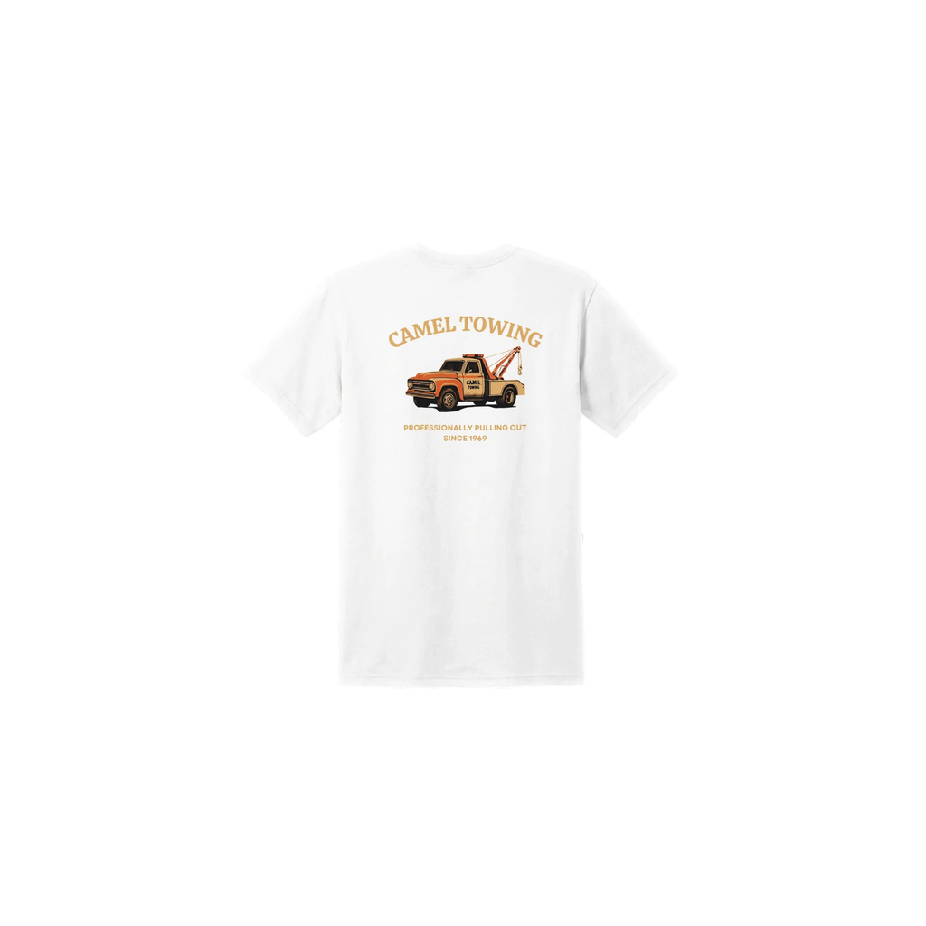 White t-shirt with a graphic of a tow truck and text on a white background