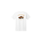 White t-shirt with a graphic of a tow truck and text on a white background