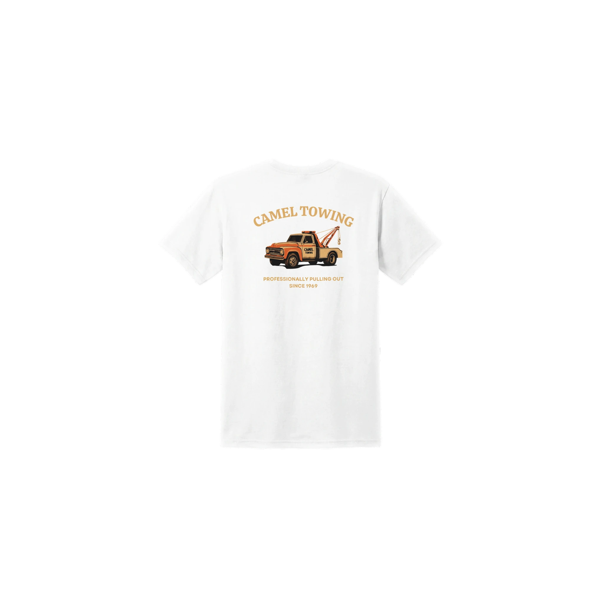 White t-shirt with a graphic of a tow truck and text on a white background