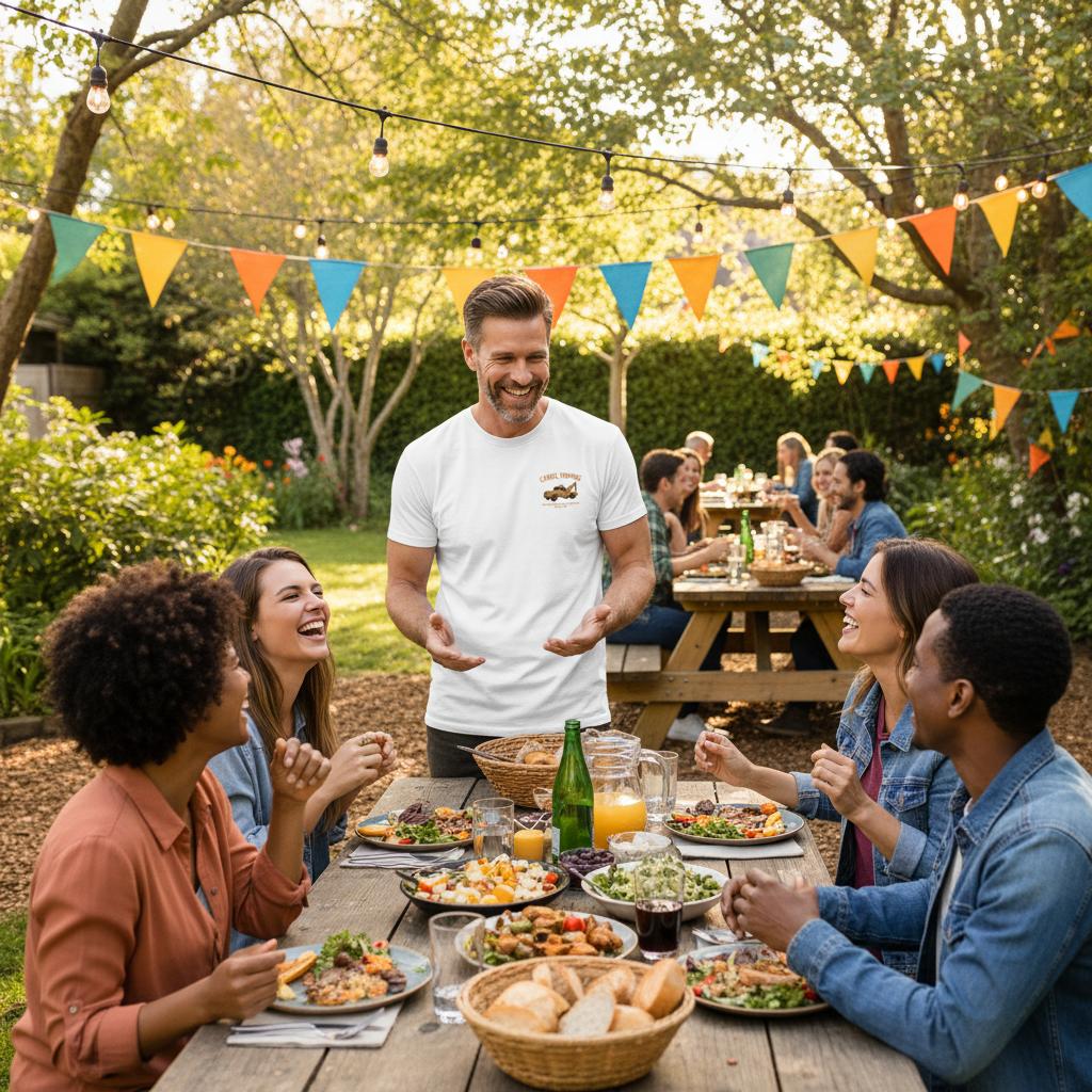 A man wearing a white “Camel Towing – Professionally Pulling Out Since 1969” graphic t-shirt stands smiling and talking with friends at an outdoor picnic table. The group is laughing together while enjoying food in a backyard setting decorated with colorful pennant banners and string lights.