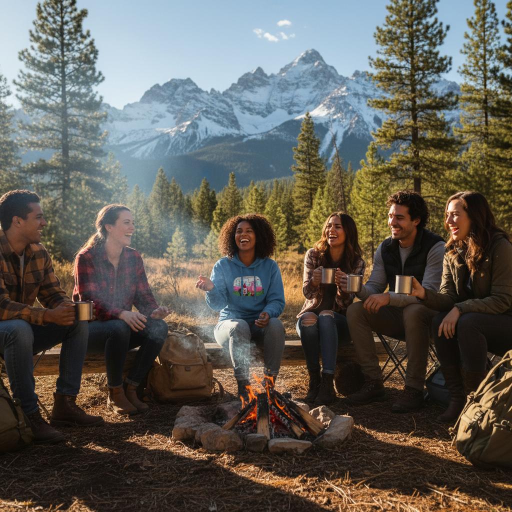 Group of people sitting around a campfire with mountains in the background