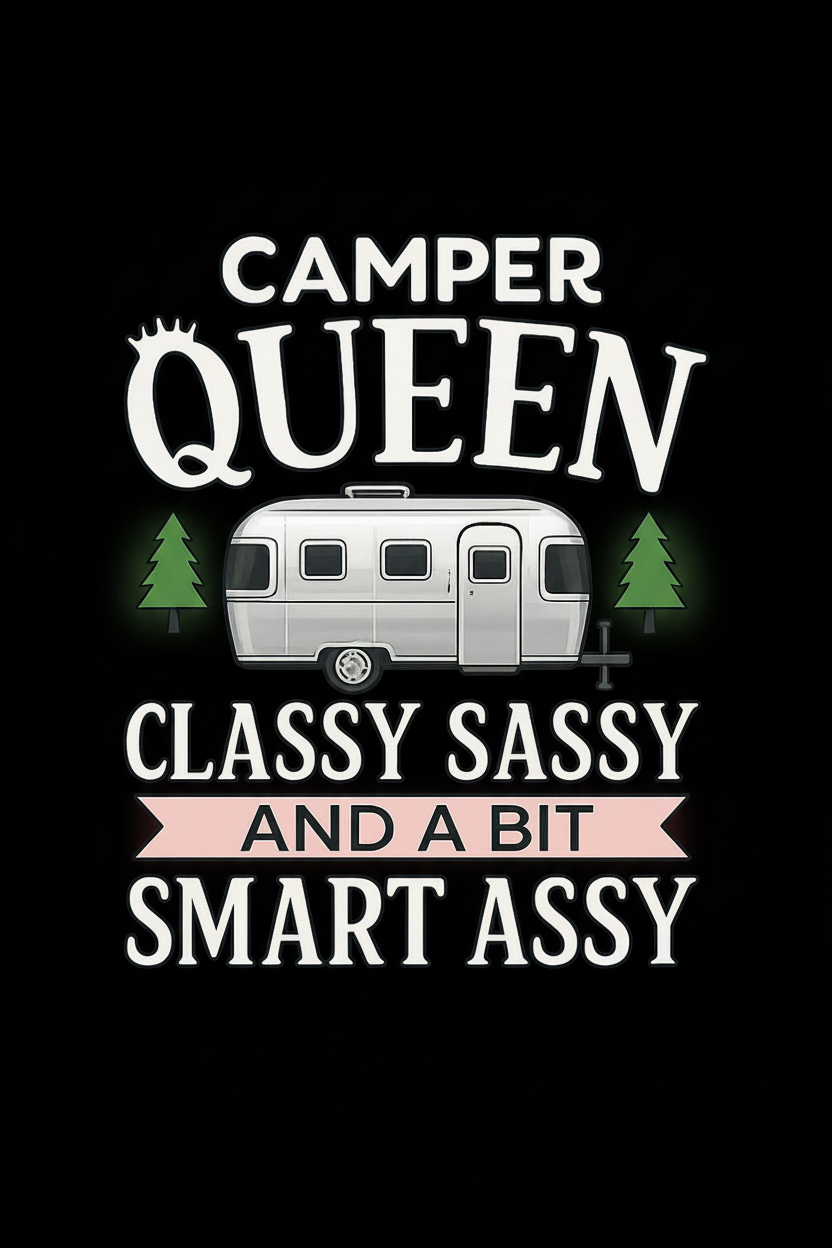 Design with text 'Camper Queen Classy Sassy and a Bit Smart Assy' featuring an RV and trees on a black background.