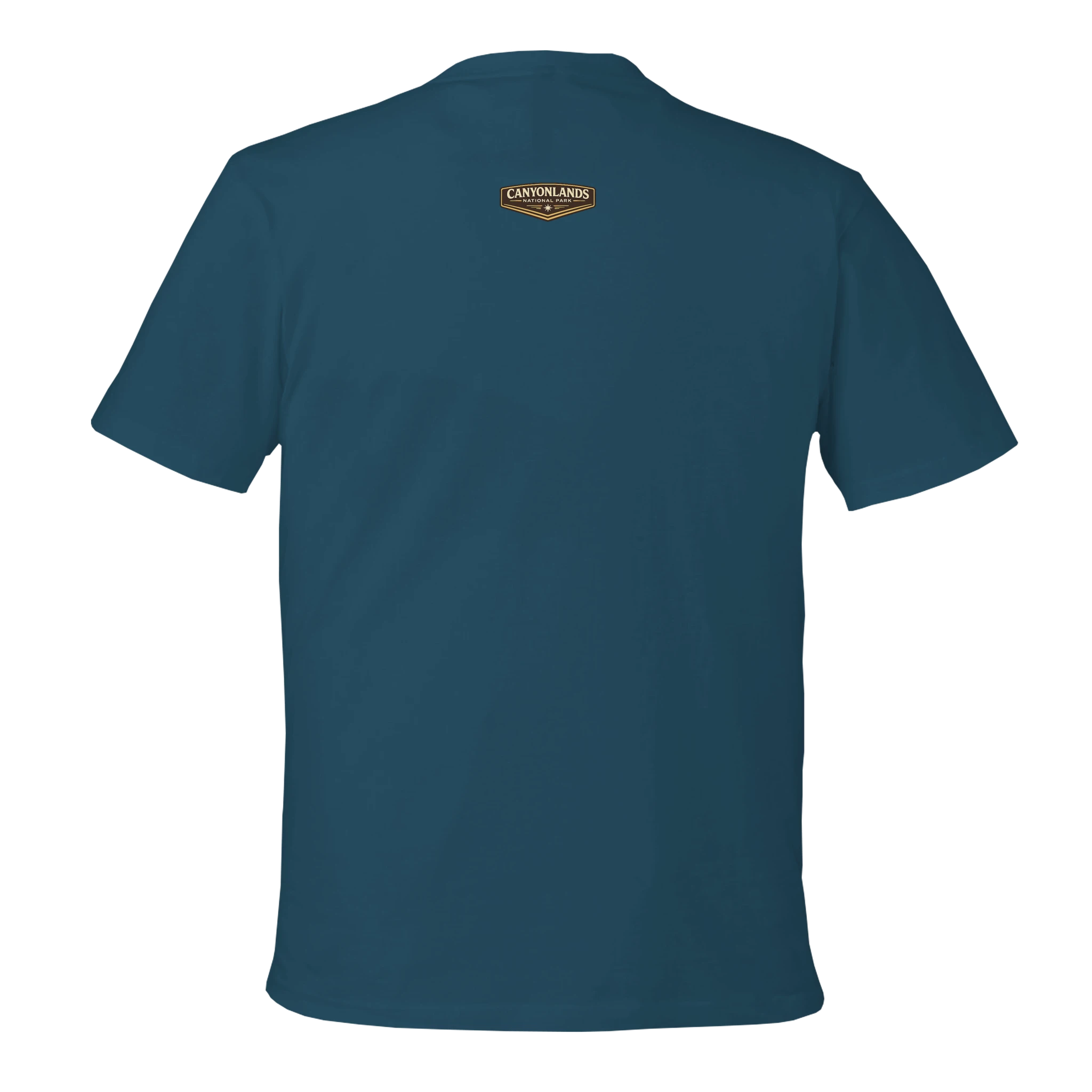 Blue t-shirt with a logo on the back against a white background