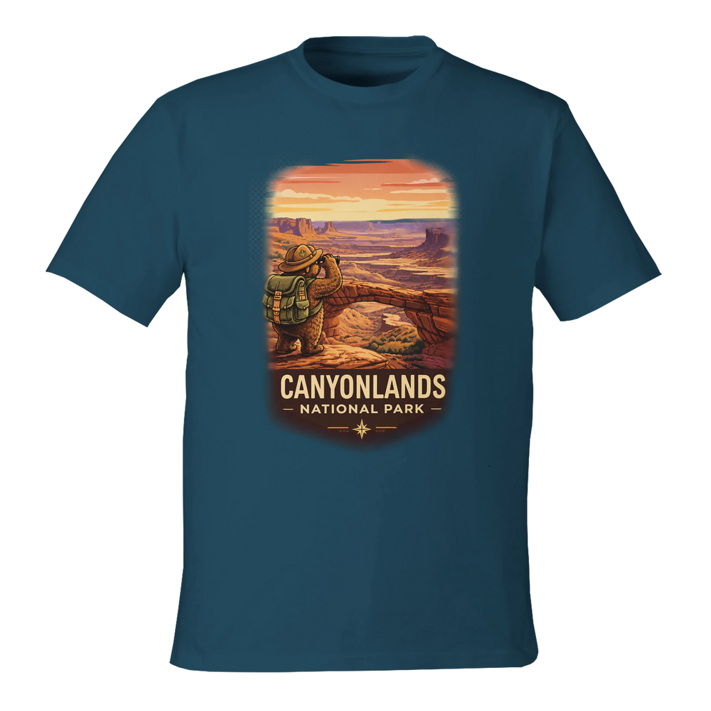Blue t-shirt with Canyonlands National Park graphic on a white background
