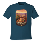 Blue t-shirt with Canyonlands National Park graphic on a white background