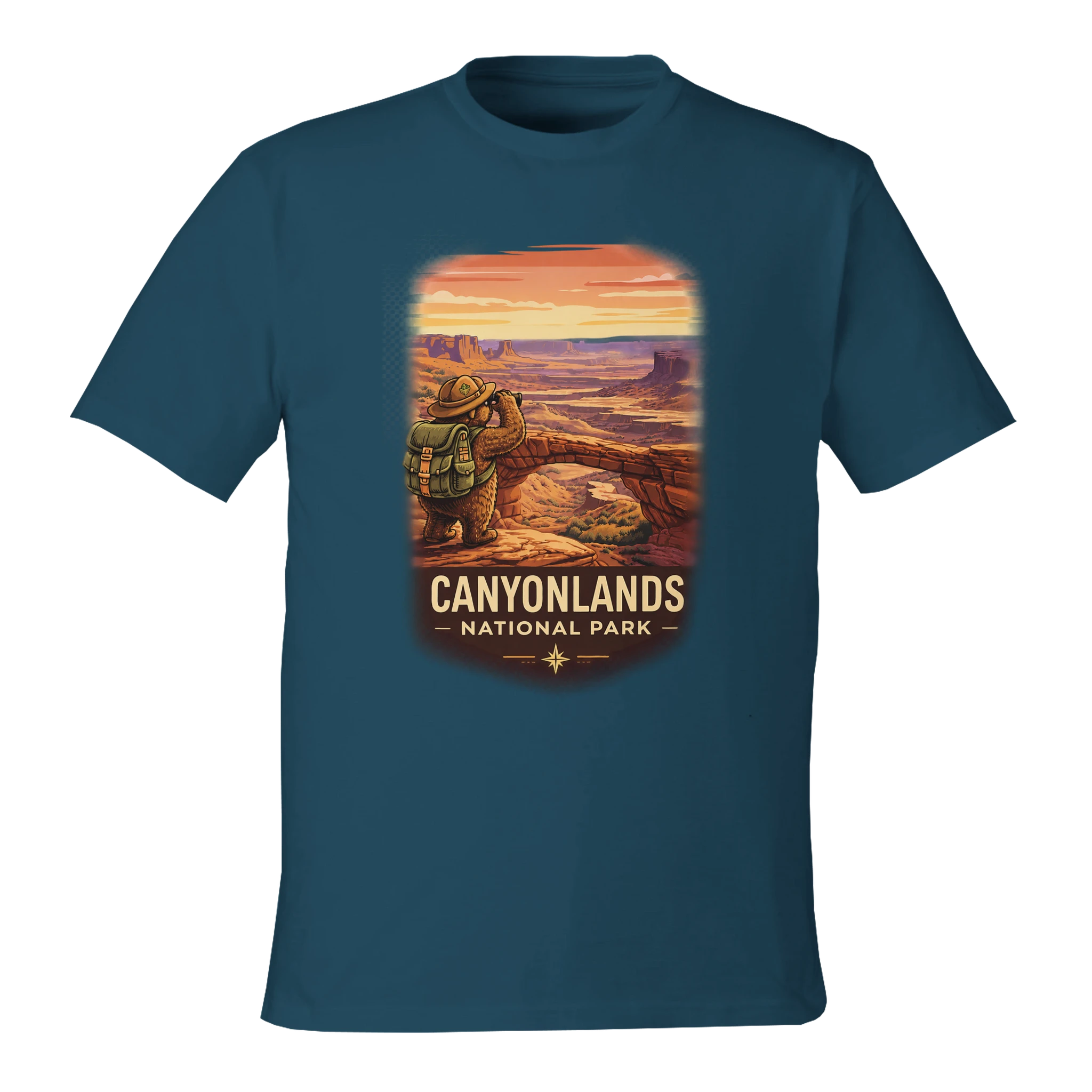 Blue t-shirt with Canyonlands National Park graphic on a white background