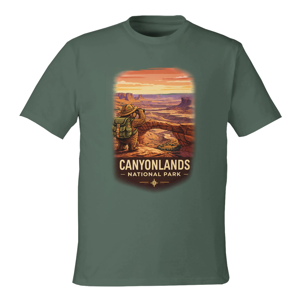 Green t-shirt with Canyonlands National Park graphic on a white background